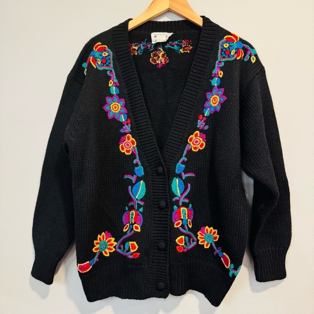 Vintage Monsoon Floral Embroidered Cardigan Sweater 100% Wool 10/12 USA